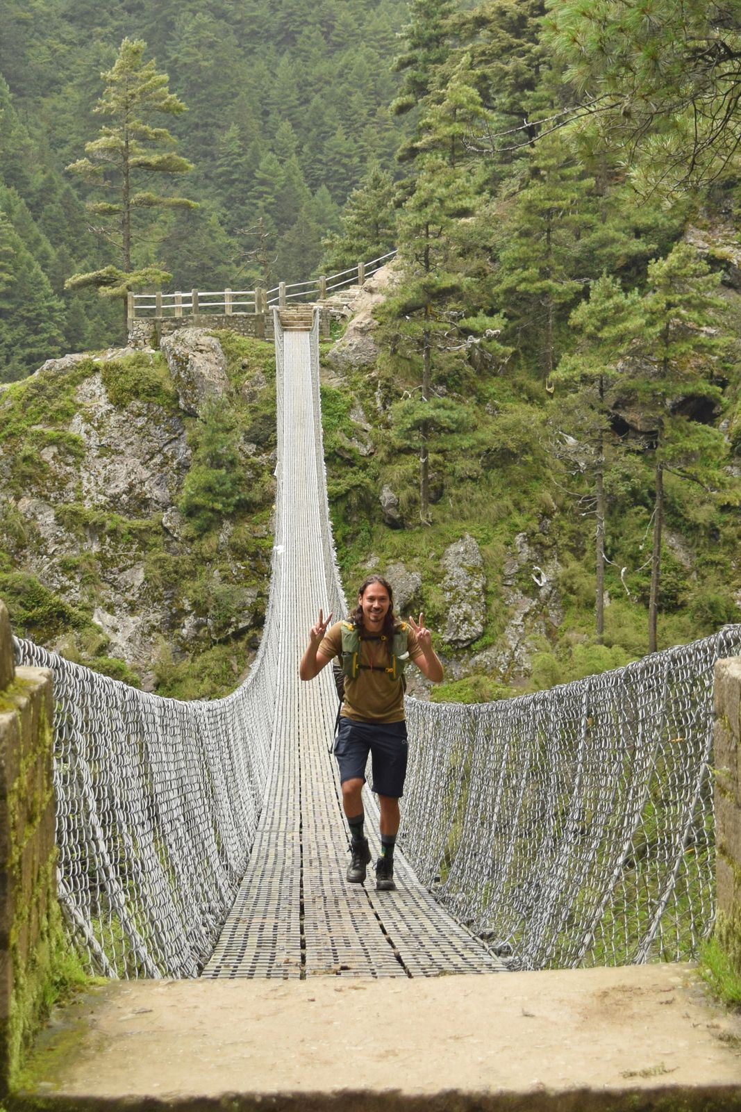 Lane Belone on the Hillary suspension bridge between Phakding and Namche Bazaar